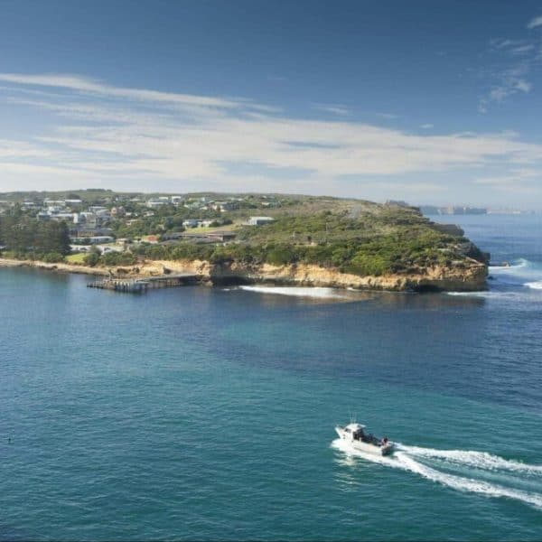A motorboat travels across calm water near a coastal town with houses and greenery on a hilly terrain under a partly cloudy sky.