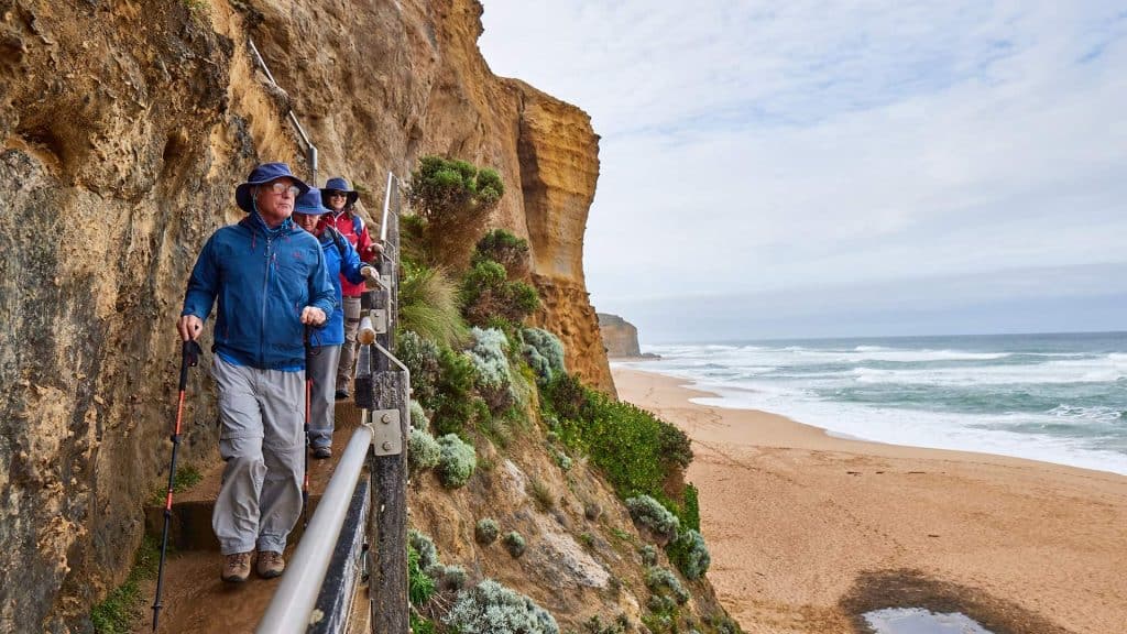 A lush coastal walking trail with hikers enjoying scenic views of cliffs and the beach.