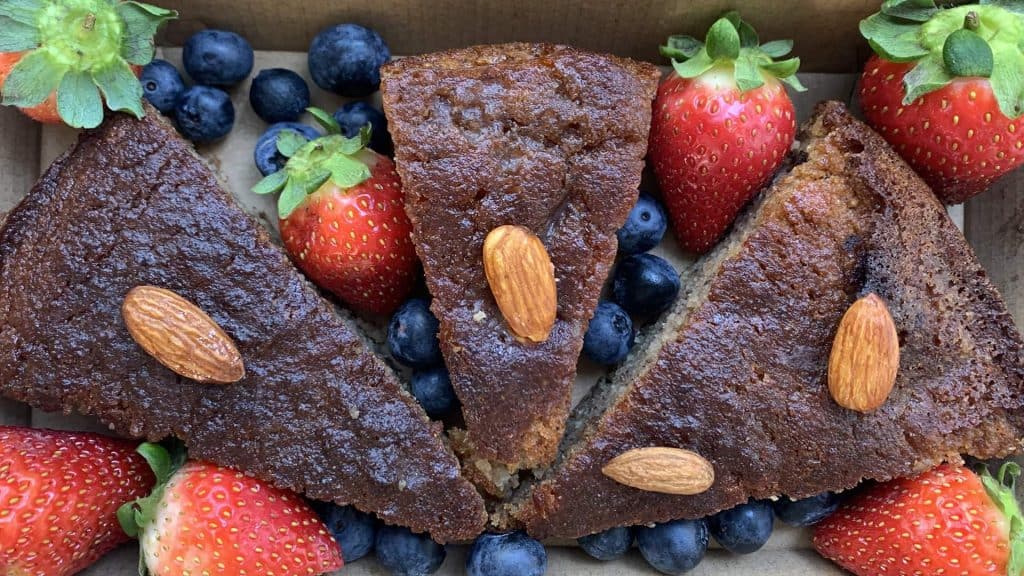 Almond and banana cake with fresh fruit from the Otways