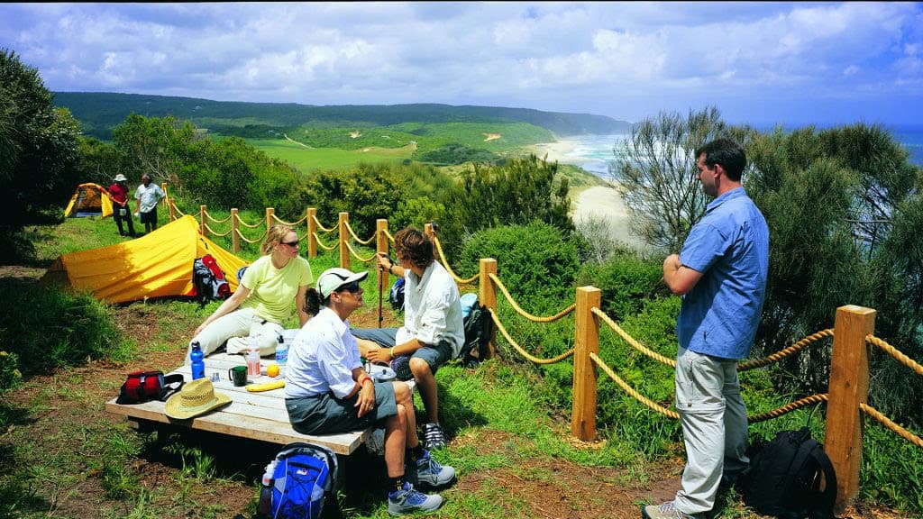 A group of people sits at a picnic table near a tent on a grassy cliffside, overlooking the ocean under a partly cloudy sky—one of the top campsites on the Great Ocean Walk.