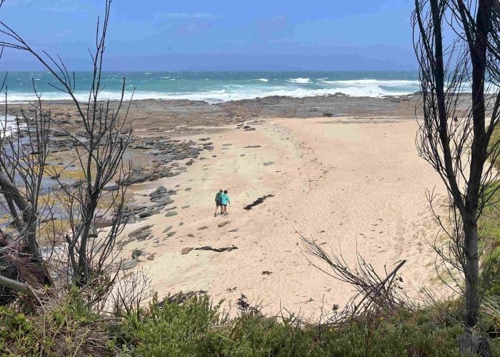 Two people walk along a sandy beach bordered by rocks and sparse trees, with waves crashing in the distance under a partly cloudy sky—much like scenes found along the Great Ocean Walk. Which Great Ocean Walk Map Should You Use? Ask Walk91 for tips!.