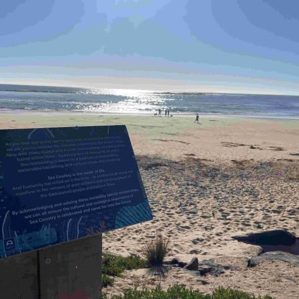 An information sign at the beach overlooks the sea, whilst a few people walk along the sandy shore under a bright, sunny sky, marking the easiest section of the Great Ocean Walk from Apollo Bay to Shelly Beach.