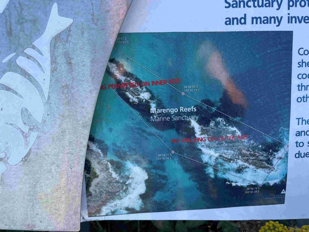 Map of Marengo Reefs Marine Sanctuary showing inner and outer reefs with marked boundaries, permitted and restricted activities, near the easiest section of the Great Ocean Walk from Apollo Bay to Shelly Beach.